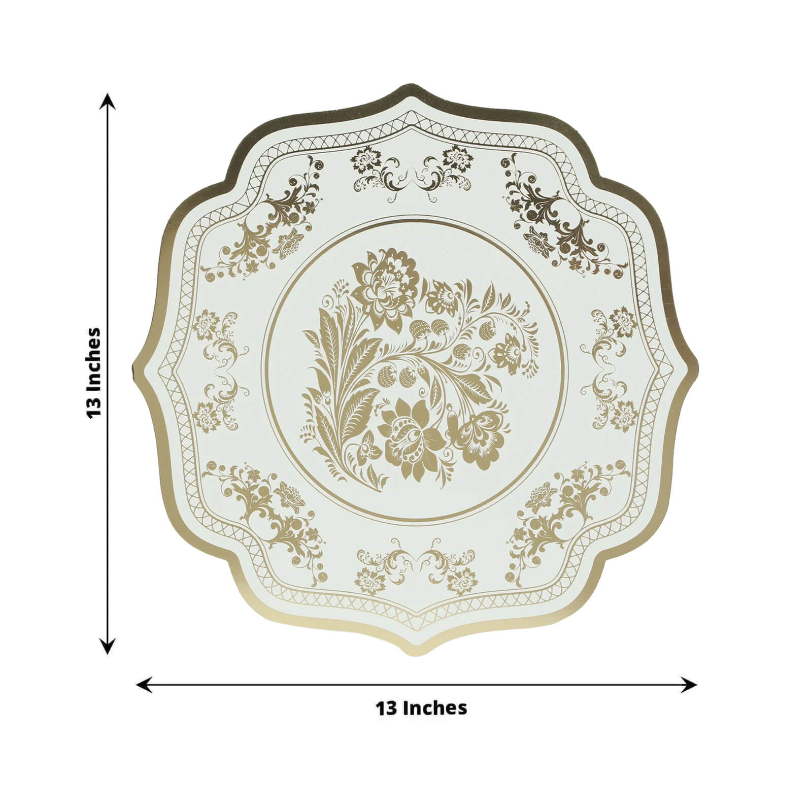10 Pack Cardboard Paper Table Mats with White Gold Damask Floral Pattern, 13" Round Disposable Placemats with Scalloped Rim - 400 GSM