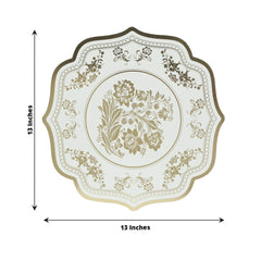 10 Pack Cardboard Paper Table Mats with White Gold Damask Floral Pattern, 13" Round Disposable Placemats with Scalloped Rim - 400 GSM