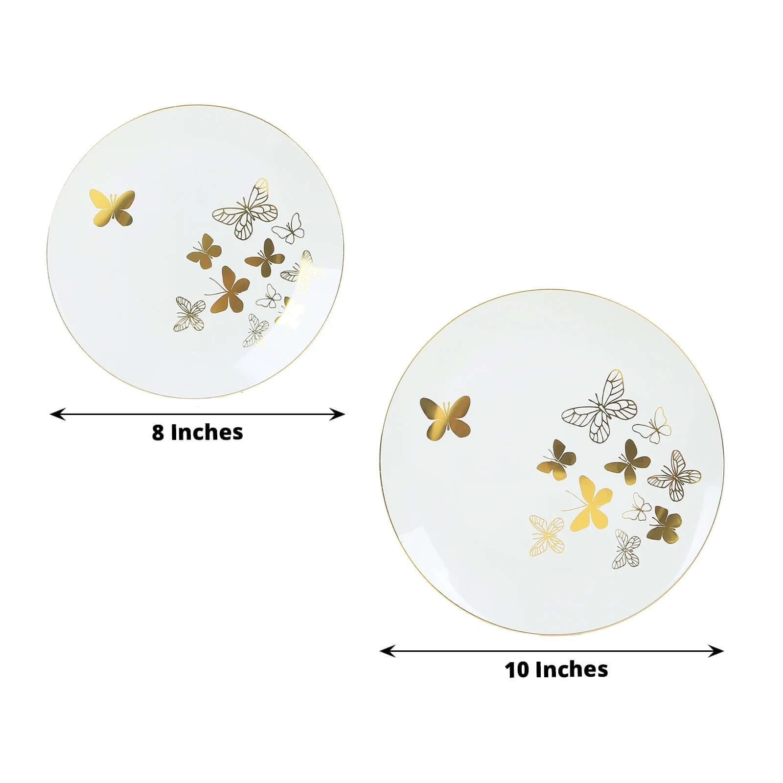 Set of 20 Plastic Round Dinner and Salad Plates in White with Gold Butterfly Design & Gold Rim - Stylish Disposable Dinnerware for Buffets & Catered Events 8", 10"