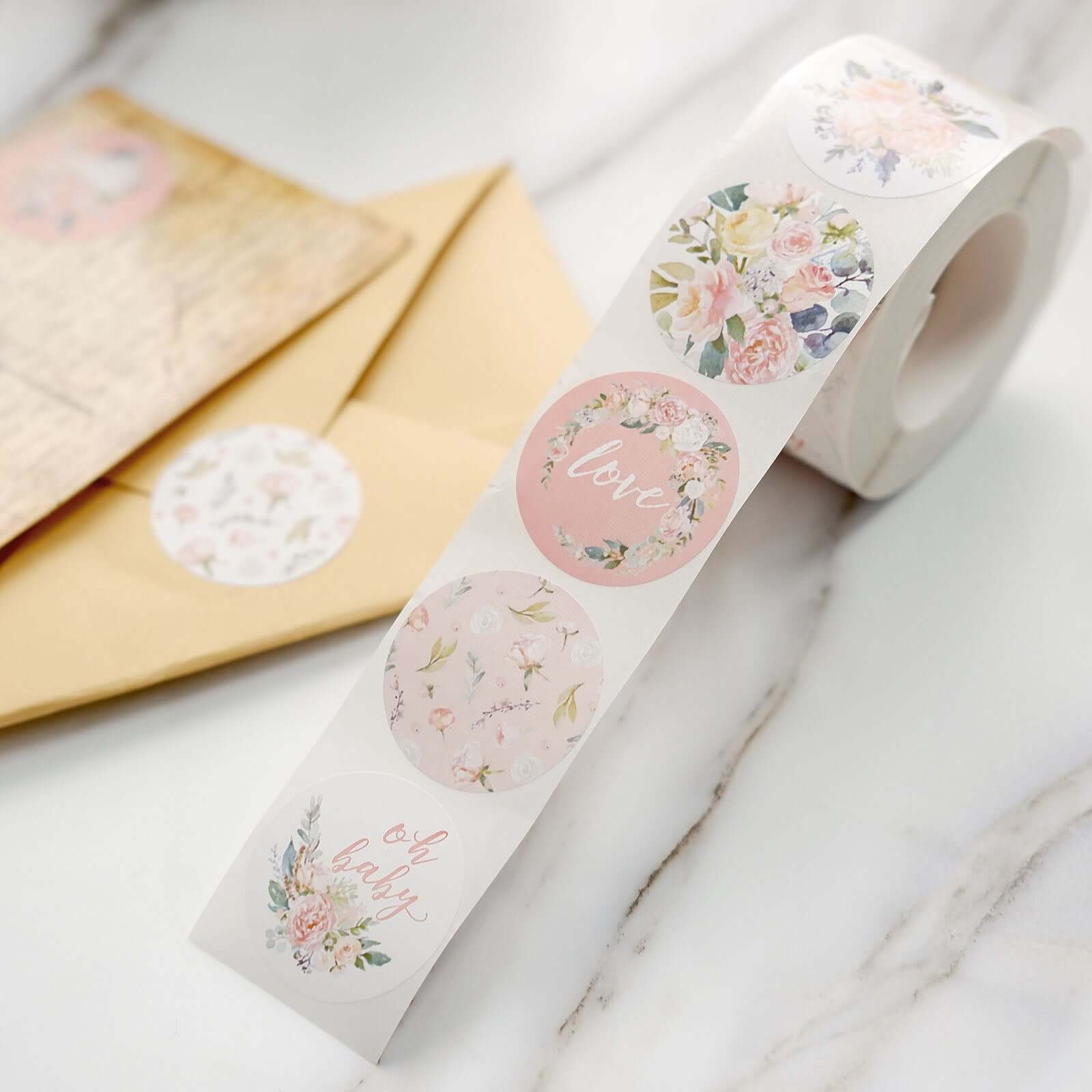 500Pcs 1.5" Baby Shower Love and Oh Baby Floral Stickers Roll, Labels For DIY Envelope Seal - Round
