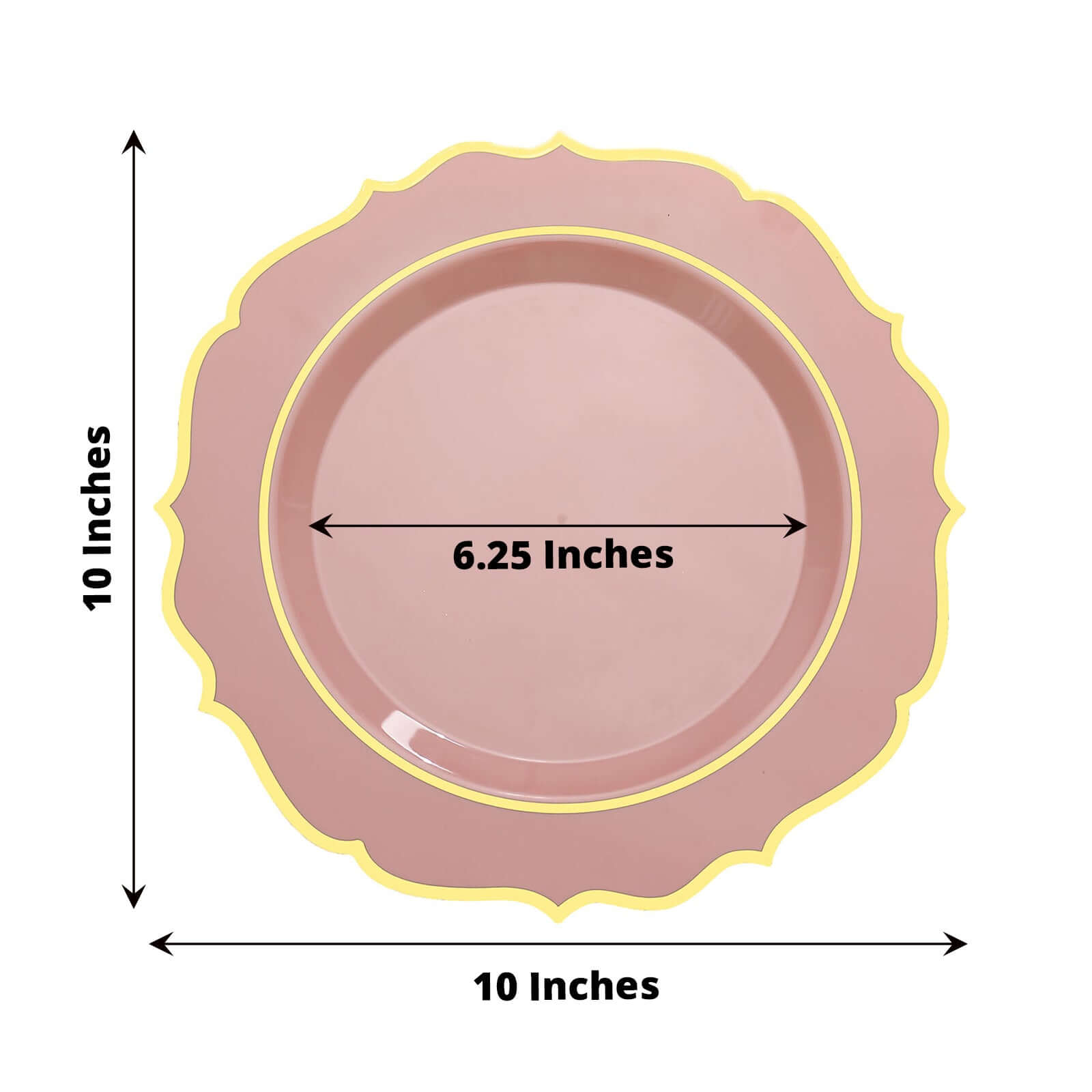 10-Pack Plastic 10" Round Dinner Plates in Dusty Rose with Gold Scalloped Rim - Disposable Party Plates