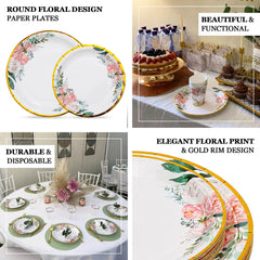 25-Pack Paper 9" Round Dinner Plates White with Peony Floral Design & Gold Rim - Disposable Floral Party Plates for Brunches & Afternoon Teas