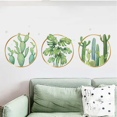 Green Tropical Leaf Plants and Cactus Flat Frame Wall Decals, Decor Stickers