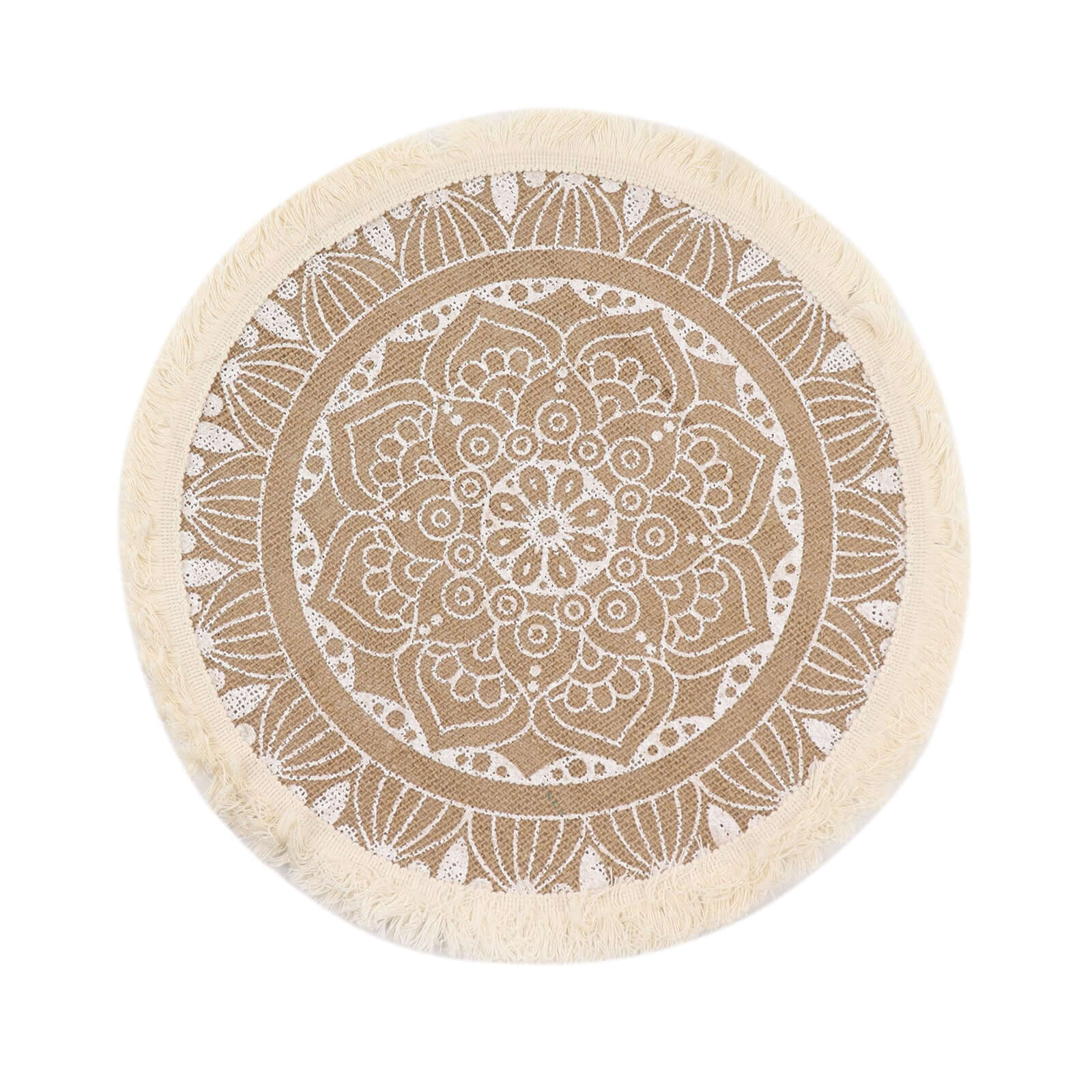 4-Pack Placemats Mandala Print Fringe Design Natural Jute and White Round - Rustic Burlap Tassel Style 15"