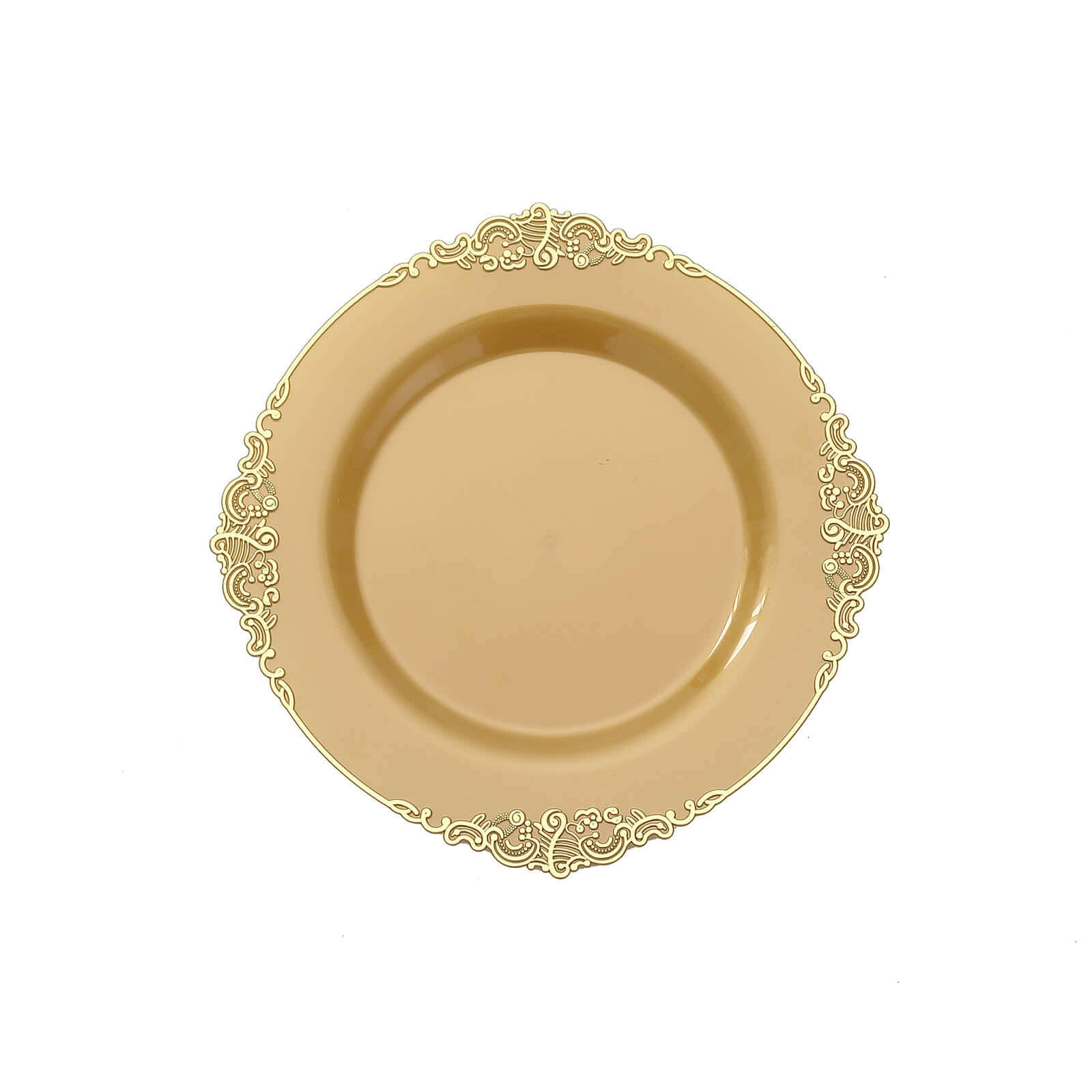 10-Pack Plastic 8" Round Dessert Plates in Gold with Leaf Embossed Rim - Disposable Vintage Baroque Style Salad Plates for Luxurious Gatherings & Events