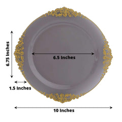 10-Pack Plastic 10" Round Dinner Plates in Transparent Black with Gold Leaf Embossed Rim - Disposable Vintage Baroque Style Plates