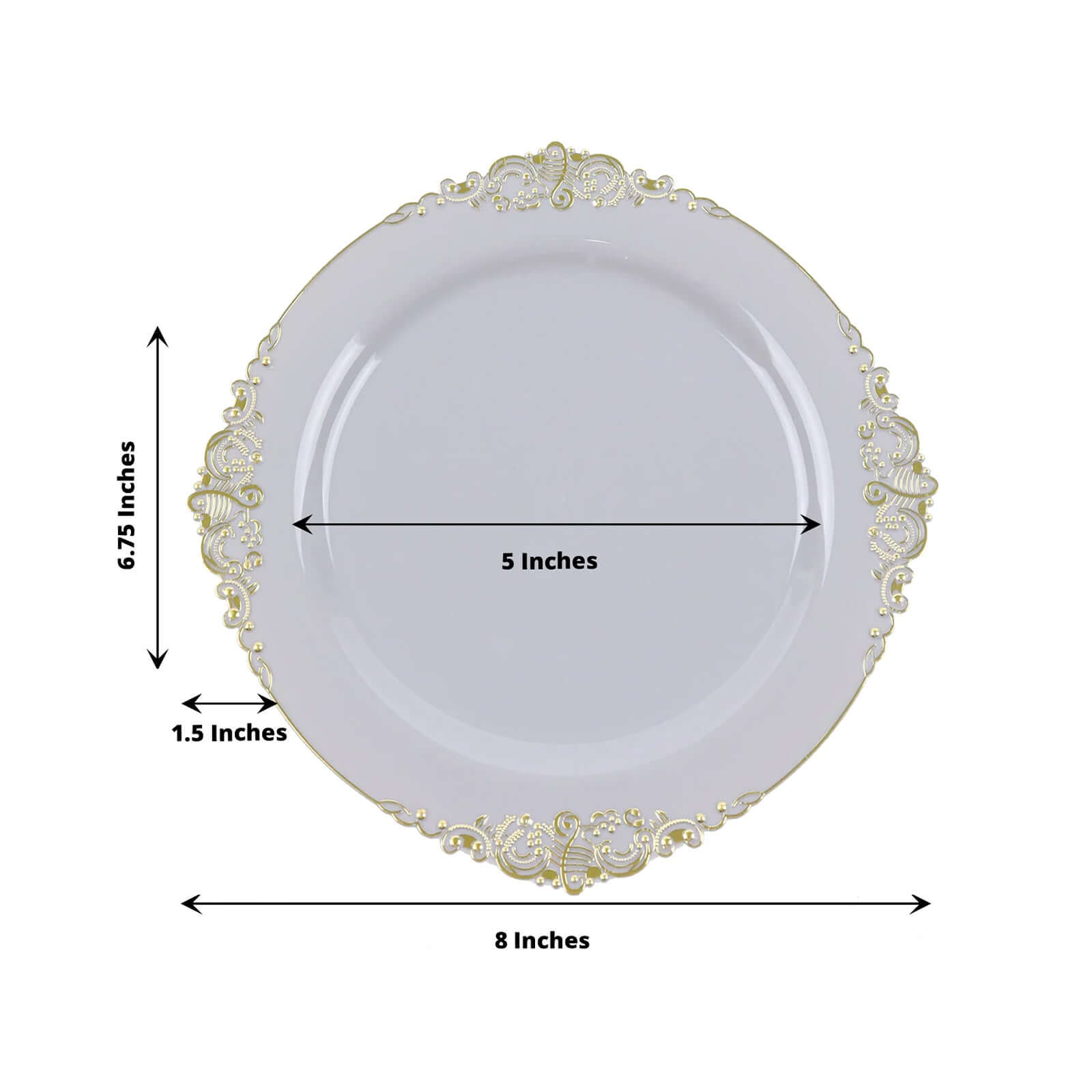 10-Pack Plastic 8" Round Dessert Plates in Gray with Gold Leaf Embossed Rim - Disposable Vintage Baroque Style Salad Plates