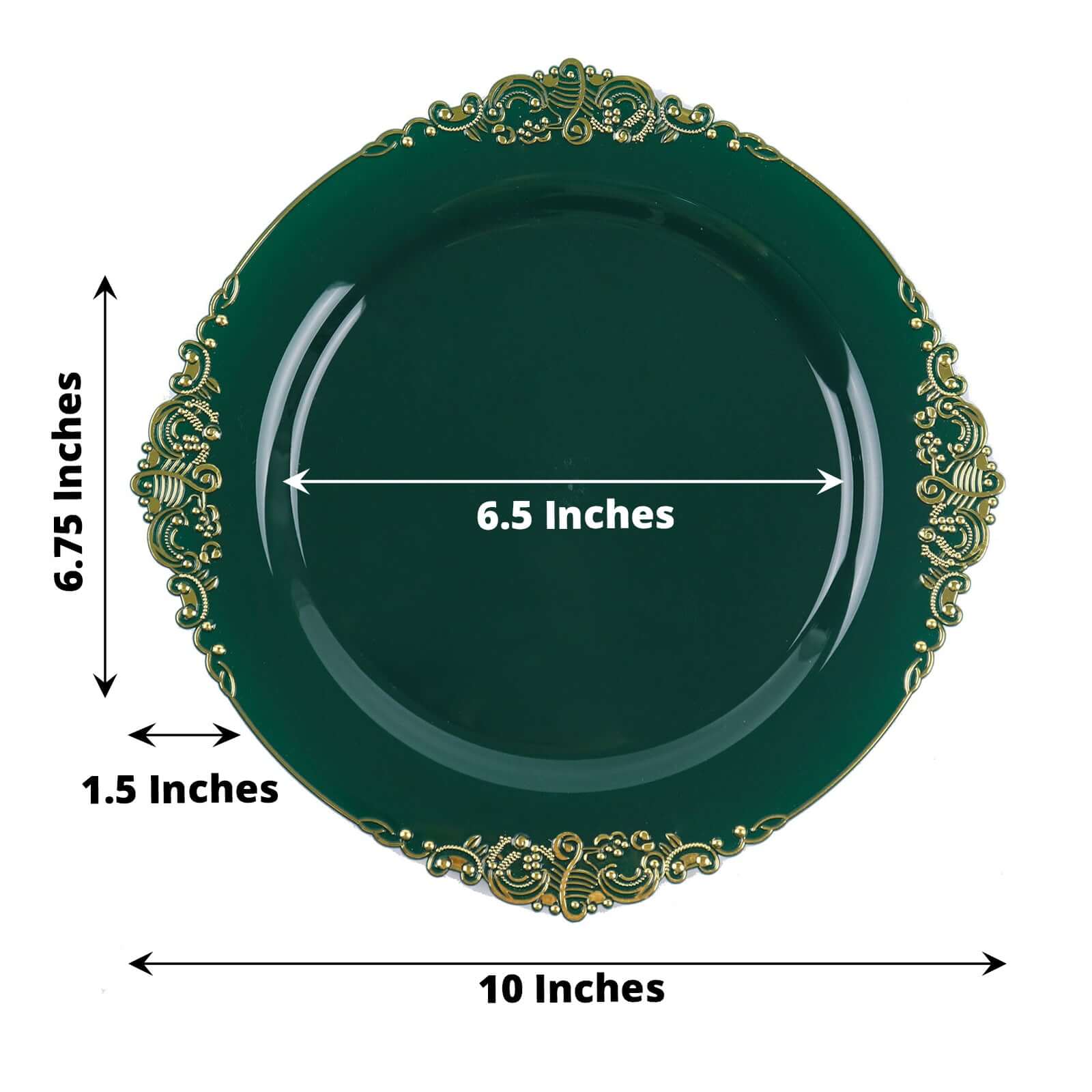 10-Pack Plastic 10" Round Dinner Plates in Hunter Emerald Green with Gold Leaf Embossed Rim - Disposable Vintage Baroque Style Plates