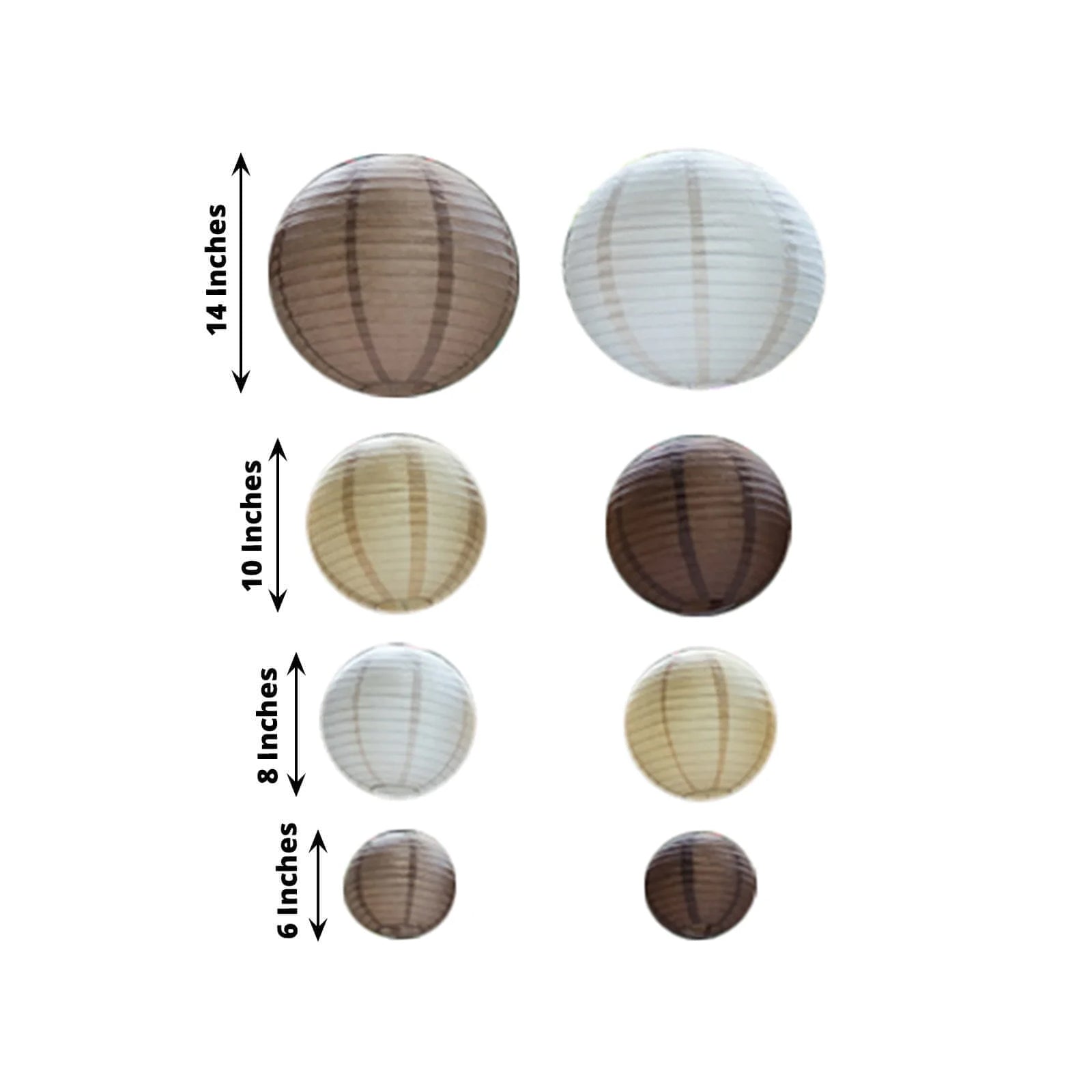 Set of 8 Natural Brown Hanging Paper Lanterns Assorted Sizes, Decorative Round Chinese Sky Lanterns - 6",8",10",14"