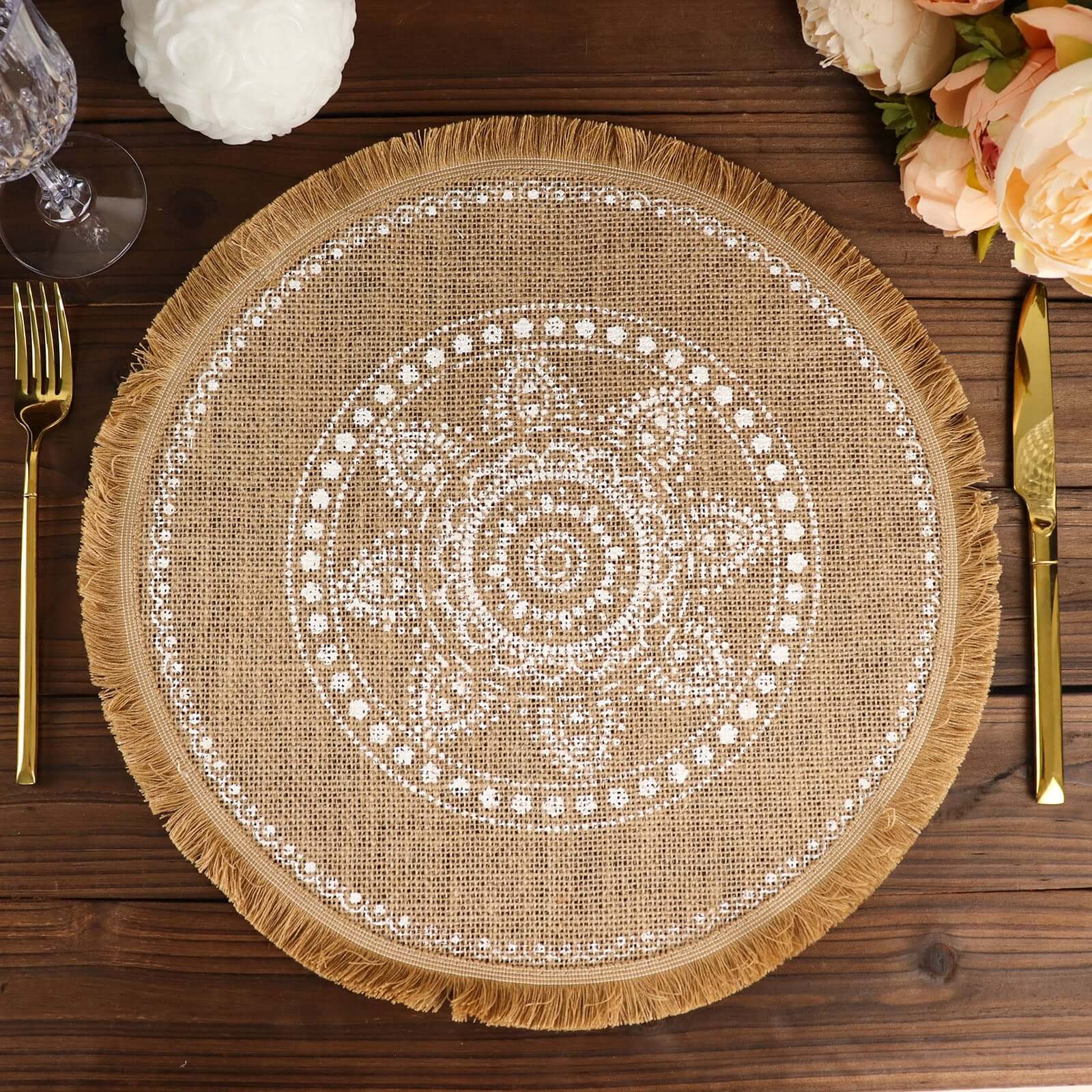 4-Pack Placemats White Embroidery Print Design Natural Jute Fringe Round - Rustic Burlap Woven Style 15"