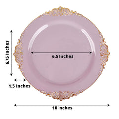 10-Pack Plastic 10" Round Dinner Plates in Lavender Lilac with Gold Leaf Embossed Rim - Disposable Vintage Baroque Style Plates