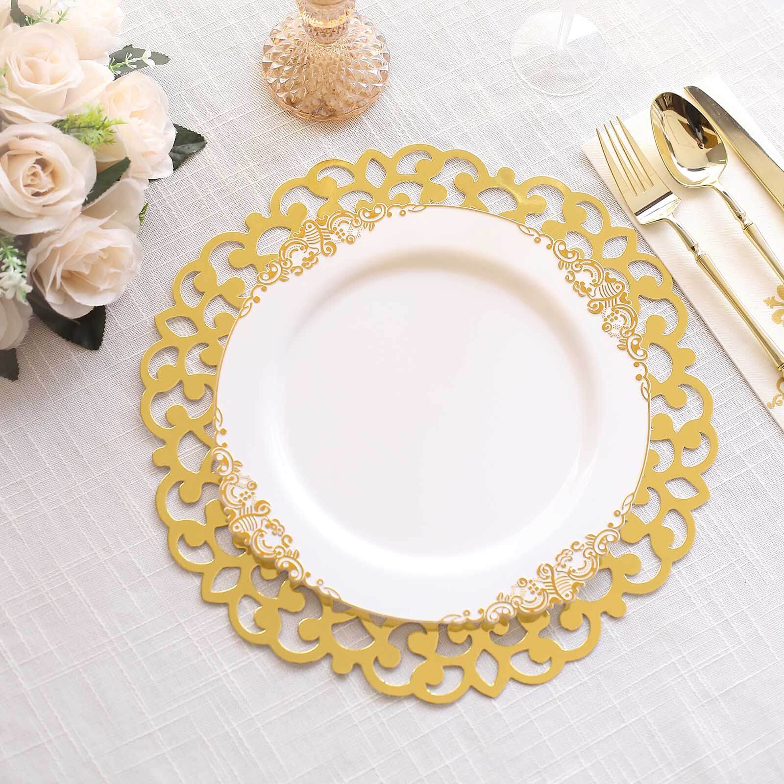 6-Pack Disposable Table Placemats in Metallic Gold with Laser Cut Floral Rim - 400GSM Cardboard Placemats for Glamorous Table Settings 13"