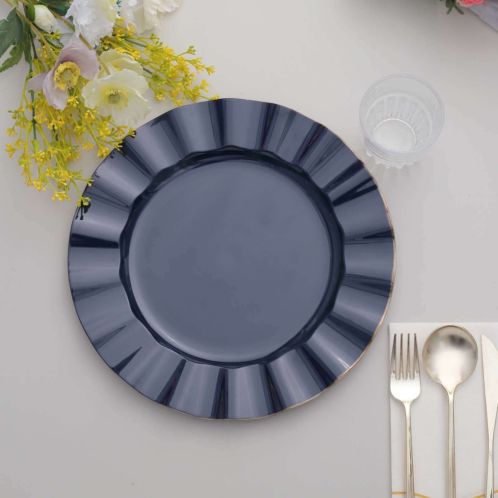 10-Pack Plastic 11" Round Dinner Plates in Navy Blue Ruffled Rim with Gold Edging - Sturdy Disposable Dinnerware