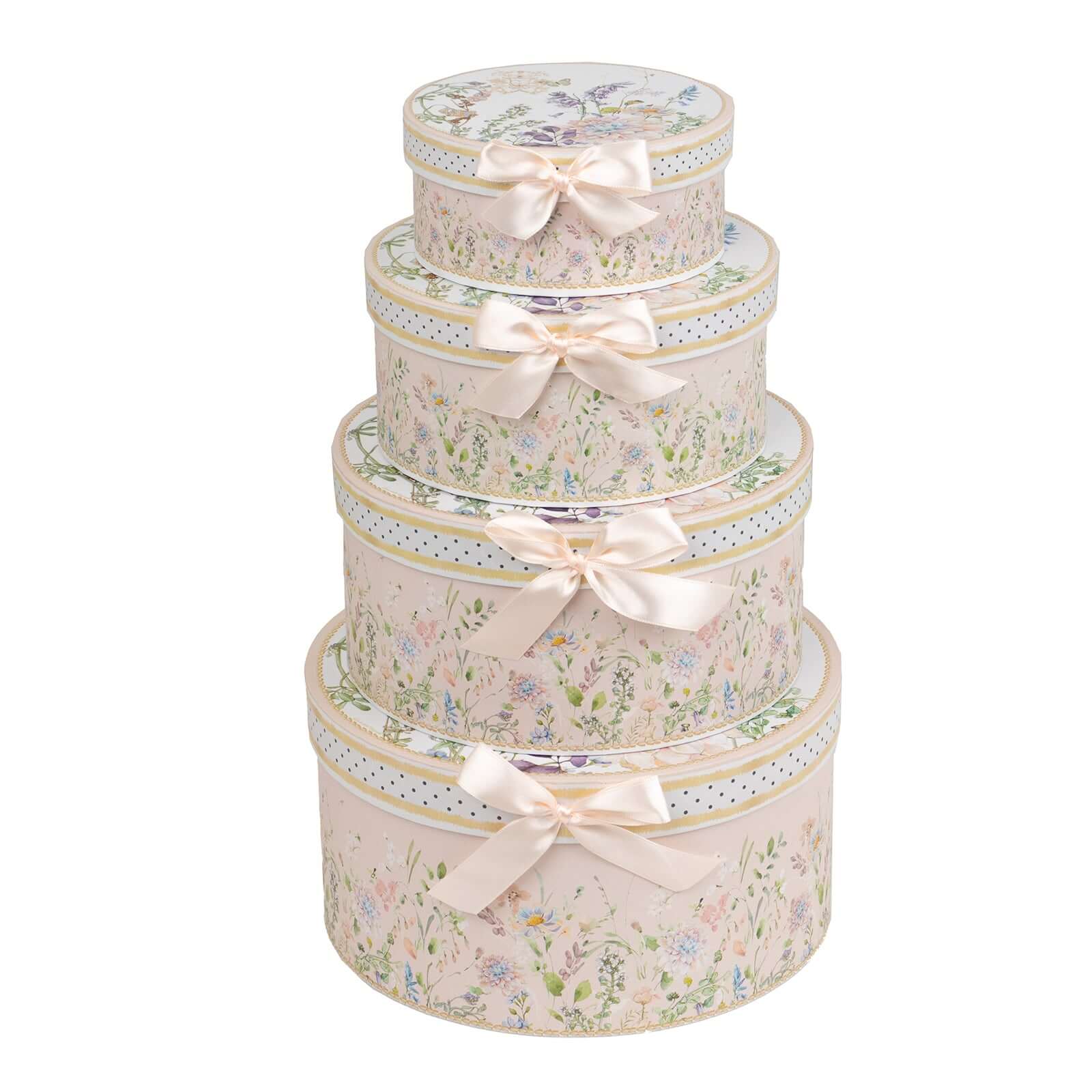 Set of 4 Cardstock Round Nesting Gift Boxes Blush Floral Design - Decorative Heavy Duty Stackable Keepsake Boxes With Lids for Presents Storage & Pedestal Stand 5",7",8",9"