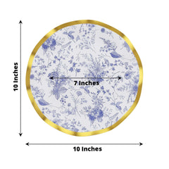 25-Pack Paper Round Dinner Plates 10" in White with Blue French Toile Pattern & Gold Wavy Rim - Disposable 350GSM Party Plates