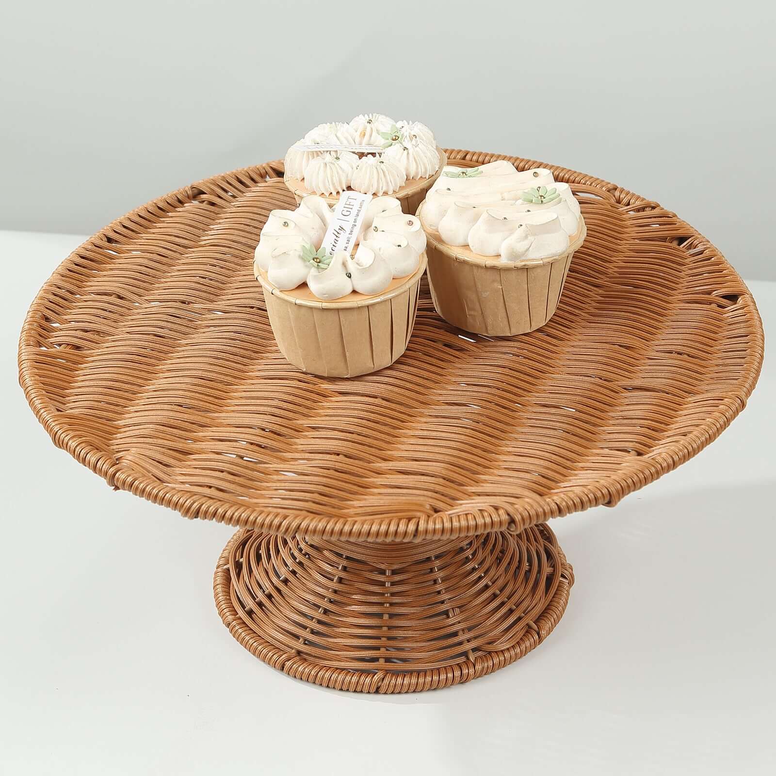 Plastic Round Rattan Wicker Pedestal Cake Stand Natural for Home Parties & Events 12"