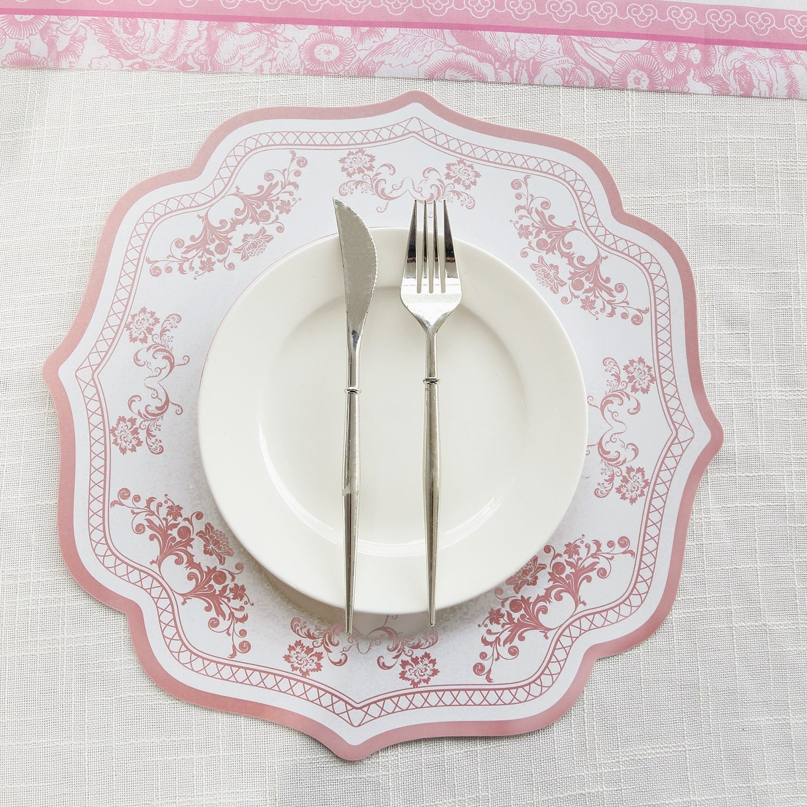 10-Pack Disposable Table Placemats 13" Round Placemats in White with Pink Damask Floral Pattern & Scalloped Rim - 400GSM Cardboard Placemats for Stylish Table Setting