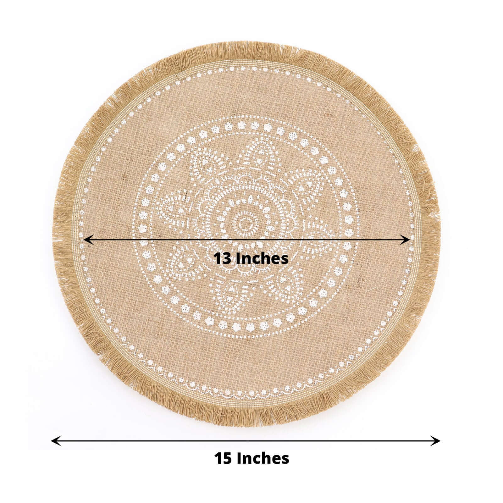 4-Pack Placemats White Embroidery Print Design Natural Jute Fringe Round - Rustic Burlap Woven Style 15"