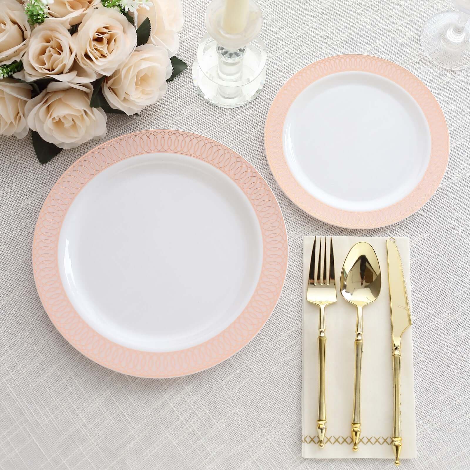 10-Pack Plastic Round Dinner Plates 10" White with Blush Rose Gold Spiral Rim - Chic Disposable Party Plates