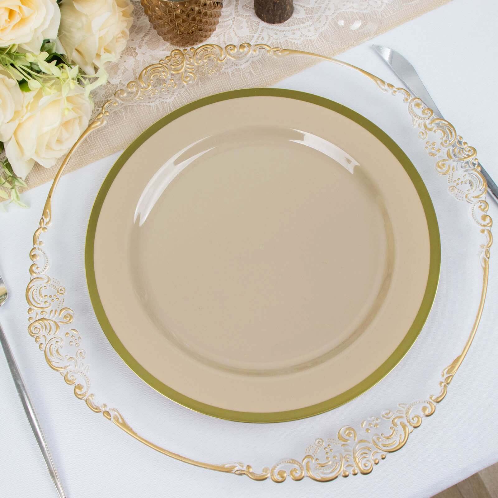 10-Pack Plastic 10" Round Dinner Plates in Taupe with Gold Rim - Disposable Party Plates for Classy Banquets & Special Occasions