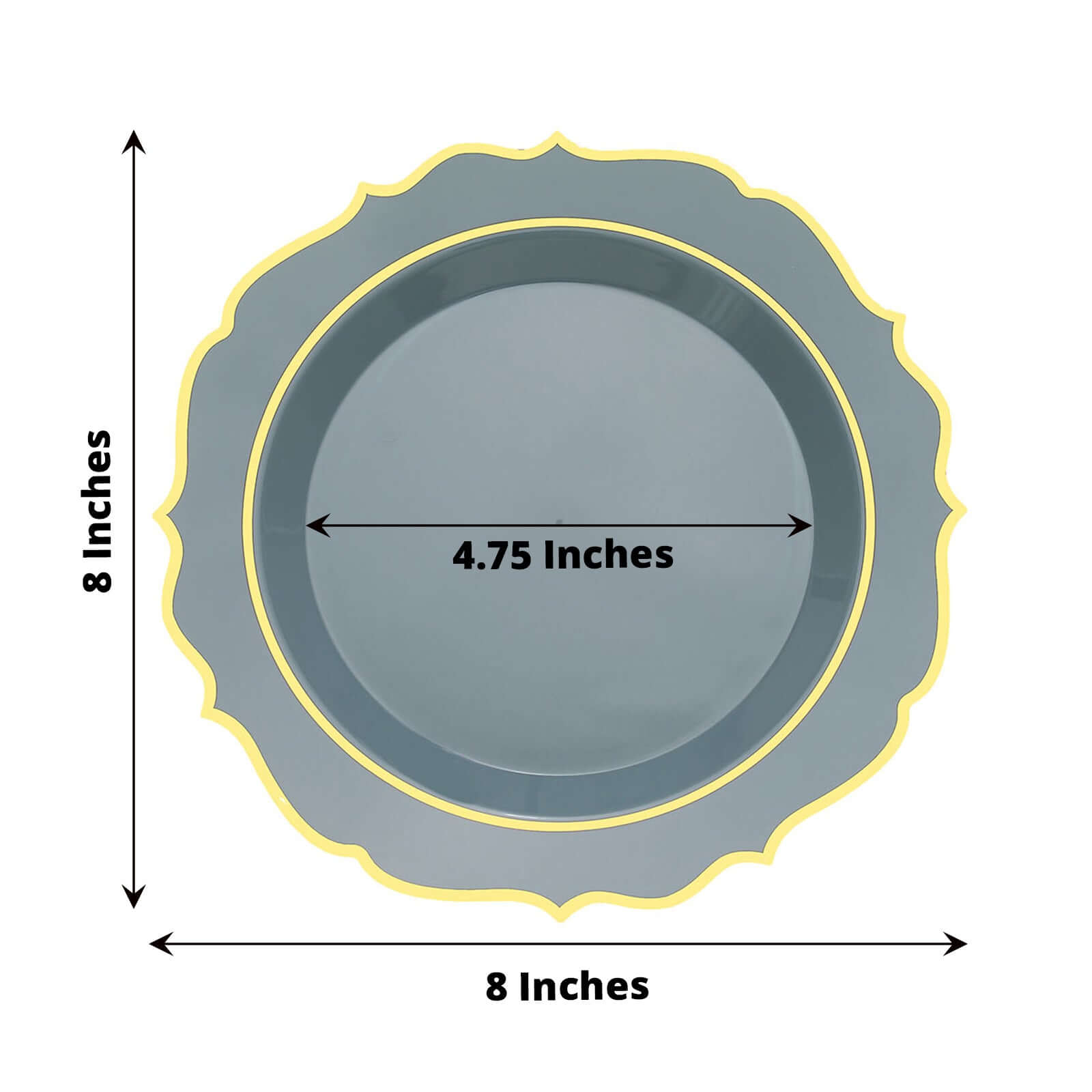 10-Pack Plastic 8" Round Dessert Plates in Dusty Blue with Gold Scalloped Rim - Disposable Appetizer/Salad Plates