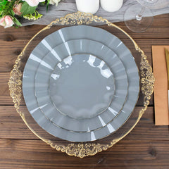 10-Pack Plastic 11" Round Dinner Plates in Dusty Blue Ruffled Rim with Gold Edging - Sturdy Disposable Dinnerware