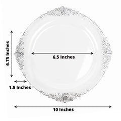 10-Pack Plastic 10" Round Dinner Plates in Clear with Silver Leaf Embossed Rim - Disposable Vintage Baroque Style Plates