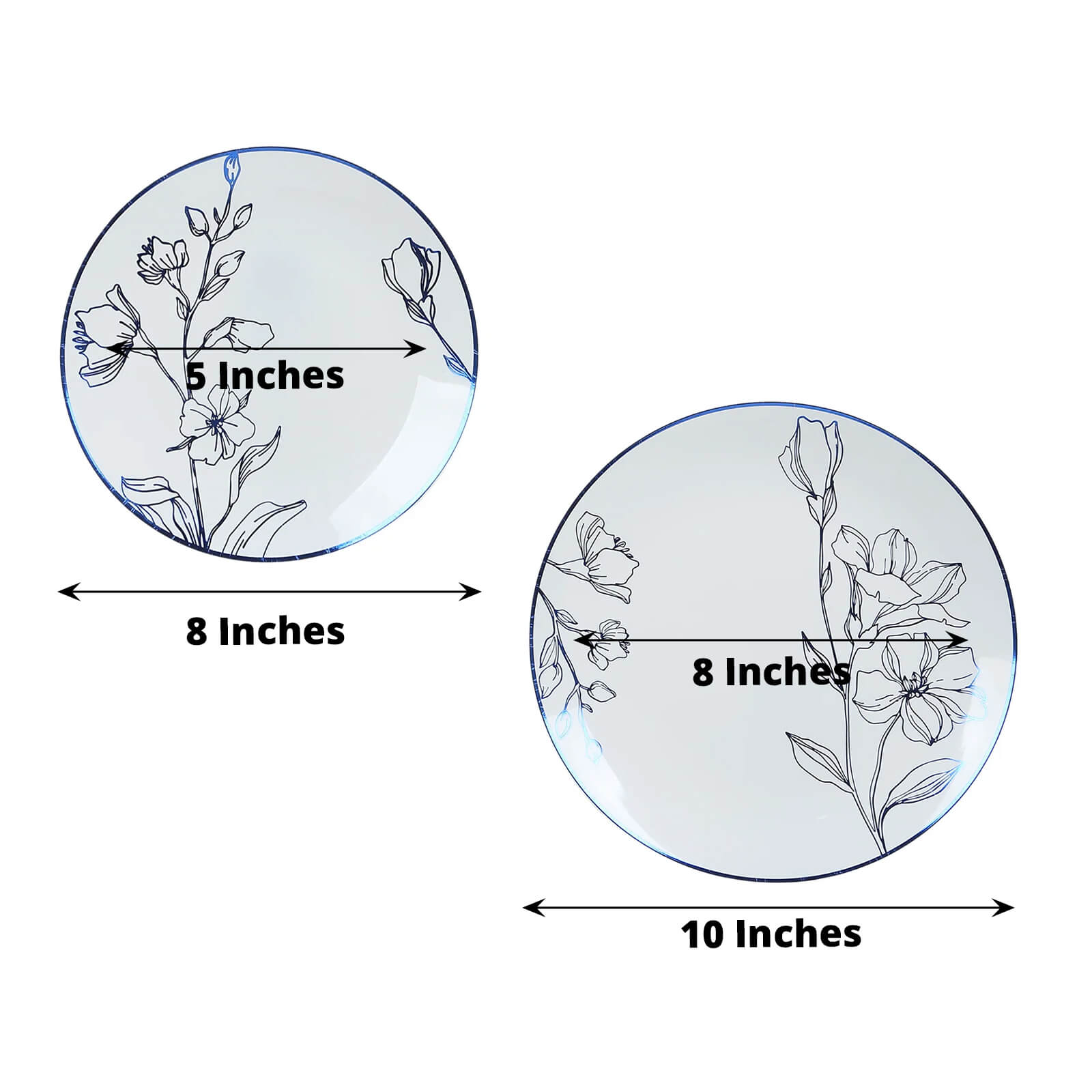 Set of 20 Plastic Round Dinner and Dessert Plates in White with Metallic Blue Floral Design - Stylish Disposable Dinnerware 8", 10"