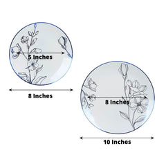 Set of 20 Plastic Round Dinner and Dessert Plates in White with Metallic Blue Floral Design - Stylish Disposable Dinnerware 8", 10"