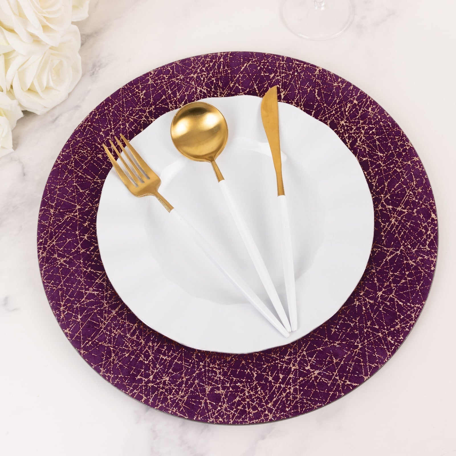 6-Pack Acrylic Round Charger Plates 13" in Purple with Gold Glitter Abstract Lines Pattern, Decorative Dinner Party Charger Tableware