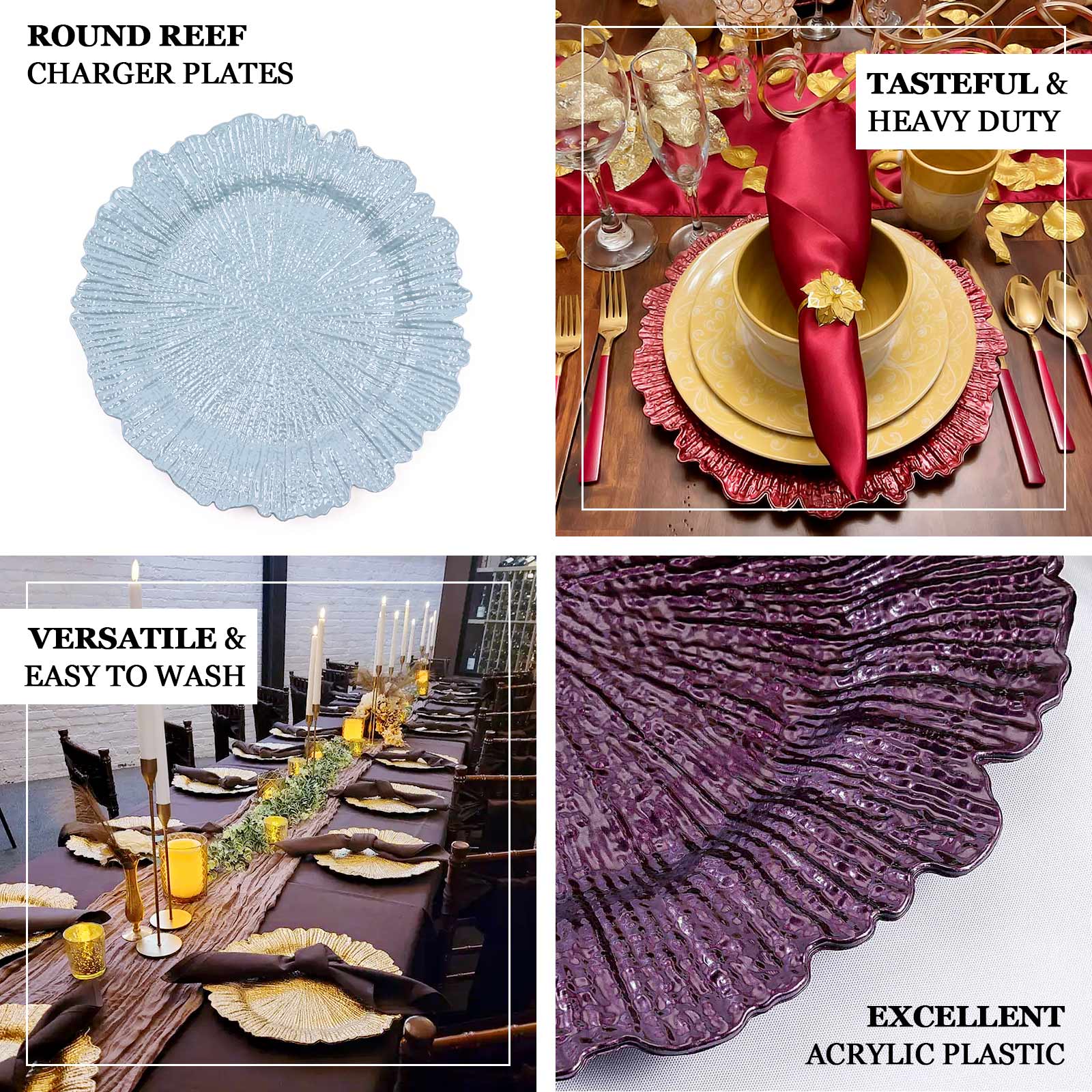 6-Pack Plastic Round Charger Plates 13" in Clear Reef Design with Gold Rim, Decorative Dinner Party Serving Plates