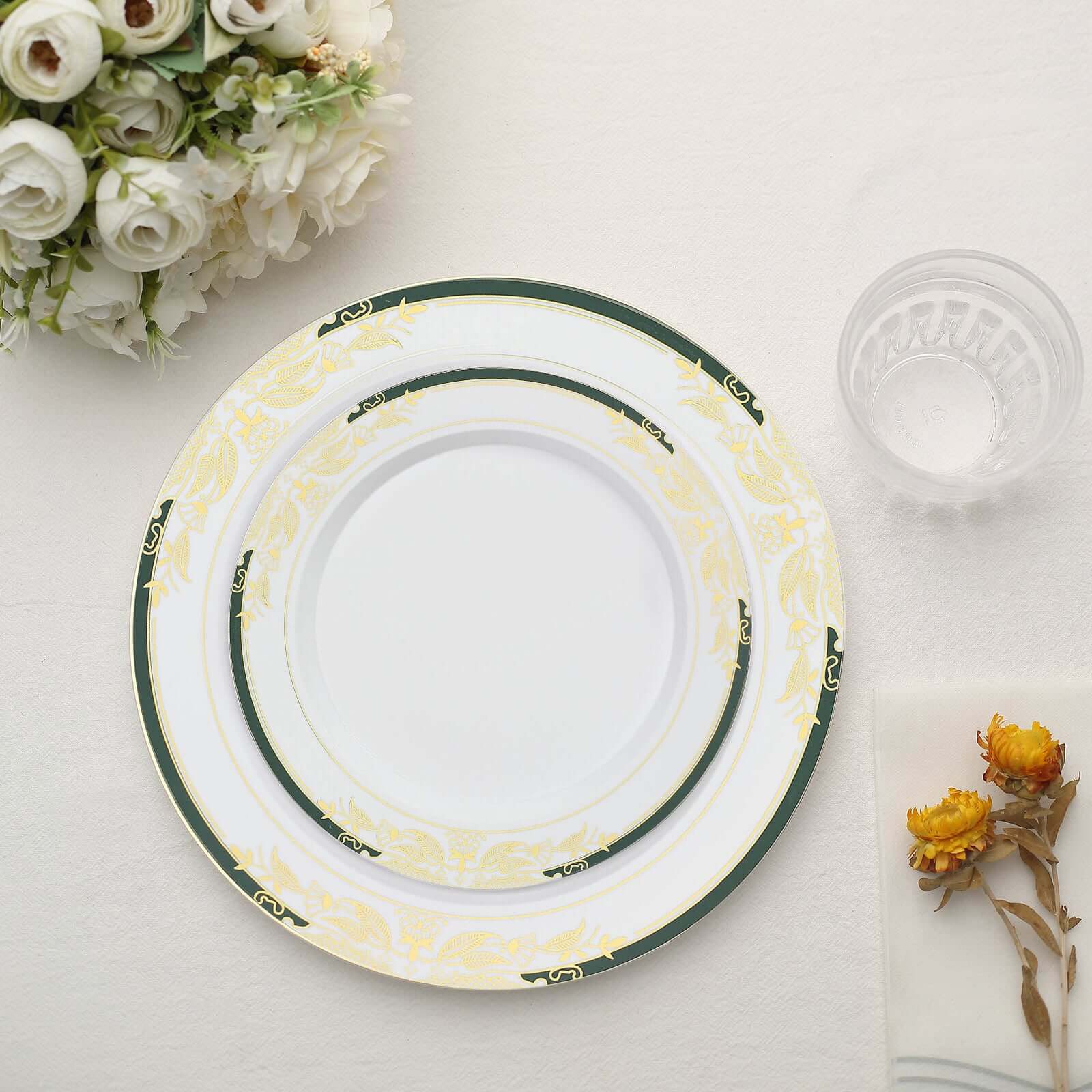 10-Pack Plastic 8" Round Dessert Plates in White with Hunter Emerald Green Rim - Stylish Gold Vine Design Disposable Salad/Appetizer Plates for Special Occasions & Celebrations