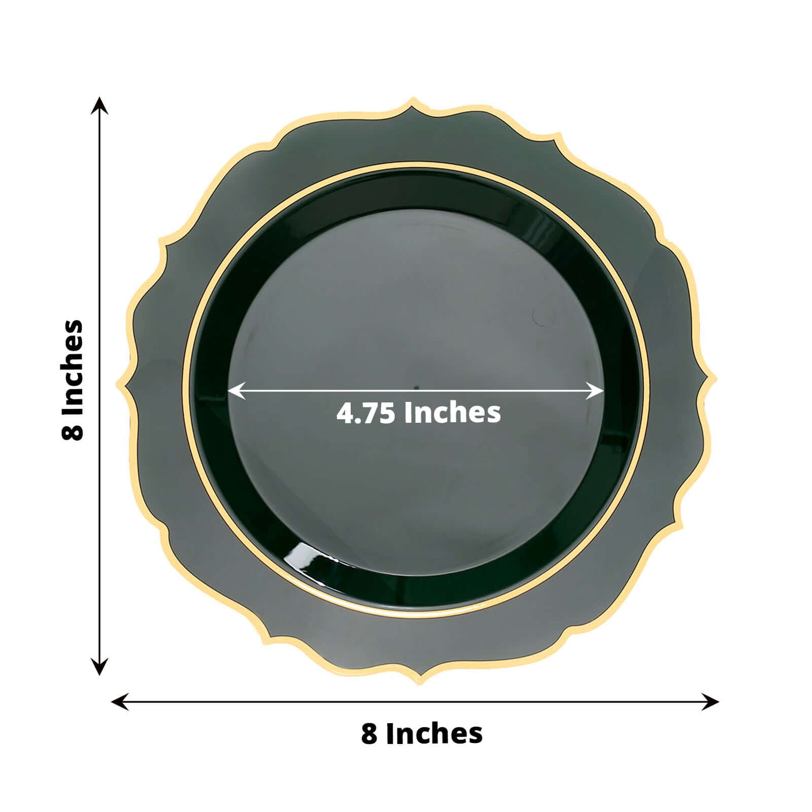10-Pack Plastic 8" Round Dessert Plates in Hunter Emerald Green with Gold Scalloped Rim - Disposable Appetizer/Salad Plates