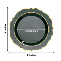 10-Pack Plastic 8" Round Dessert Plates in Hunter Emerald Green with Gold Scalloped Rim - Disposable Appetizer/Salad Plates