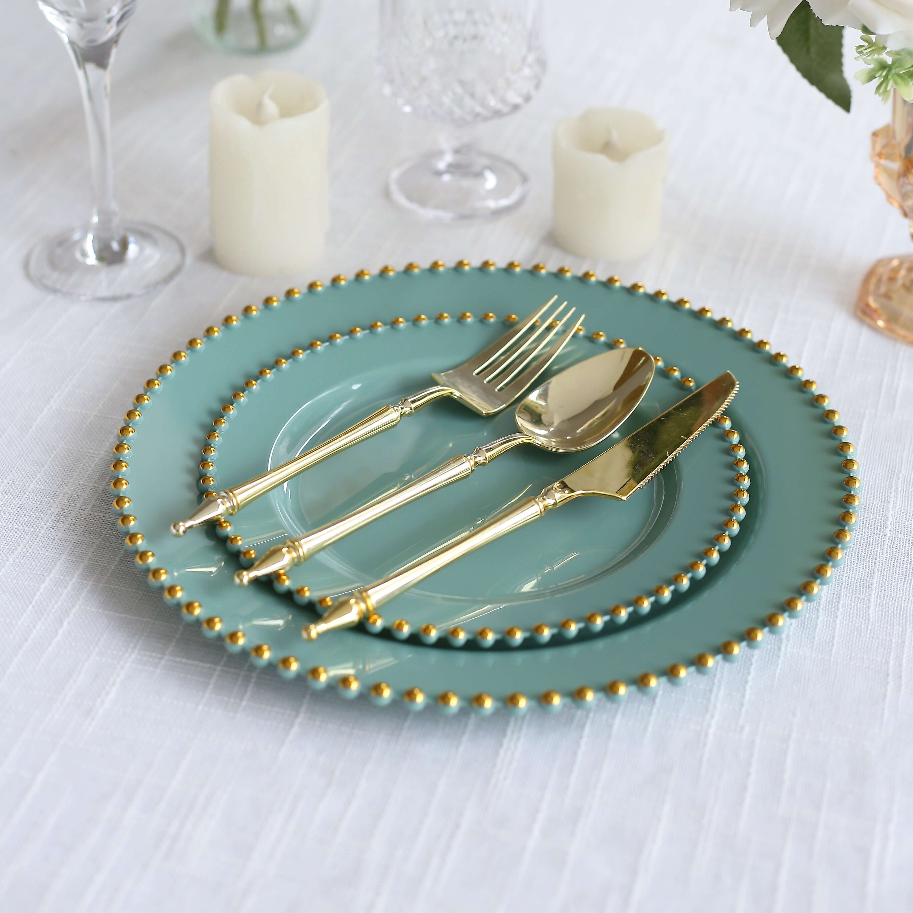 10-Pack Dusty Sage Green Plastic Dessert Plates – 8" Round with Gold Beaded Rim, Disposable for Parties & Events