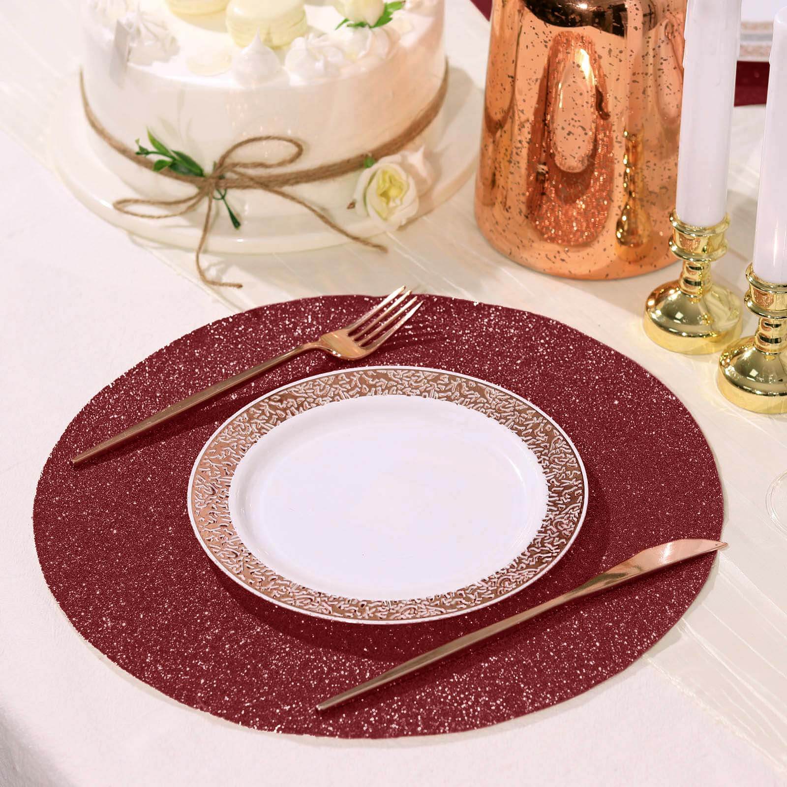 6-Pack Placemats Glitter Design Burgundy Sparkle Round - Non-Slip Decorative Dining Table Mats 13"