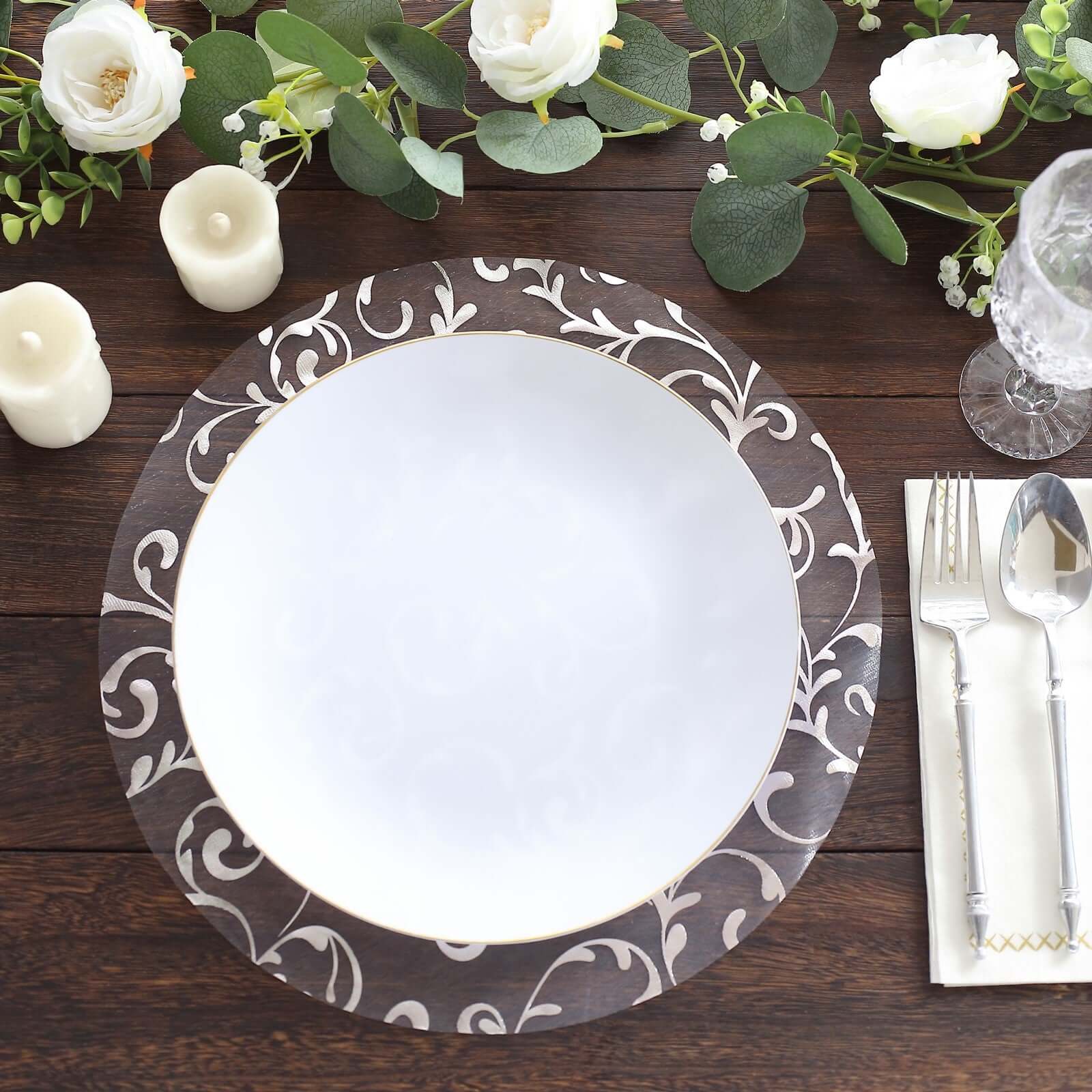 10-Pack Table Placemats Embossed Foil Flower Design Metallic Silver Round - Sheer Organza Disposable Mats 13"