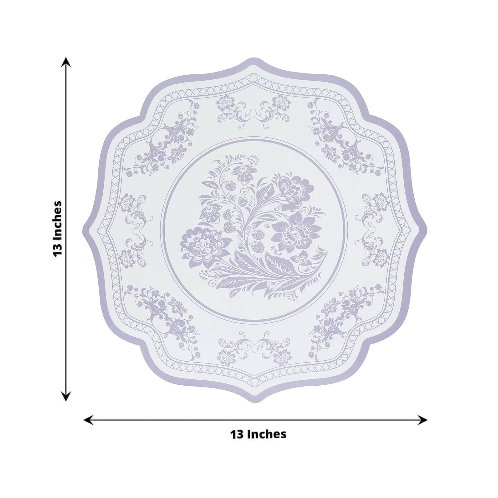 10-Pack Disposable Table Placemats 13" Round Placemats in White with Lavender Damask Floral Pattern & Scalloped Rim - 400GSM Cardboard Placemats for Stylish Table Setting