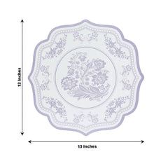 10-Pack Disposable Table Placemats 13" Round Placemats in White with Lavender Damask Floral Pattern & Scalloped Rim - 400GSM Cardboard Placemats for Stylish Table Setting