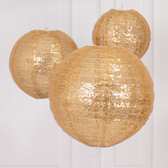 Set of 3 Glitter Gold Sequin Fabric Hanging Lanterns, Decorative Round Foldable Chinese Lantern Lampshades - 8",10",12"