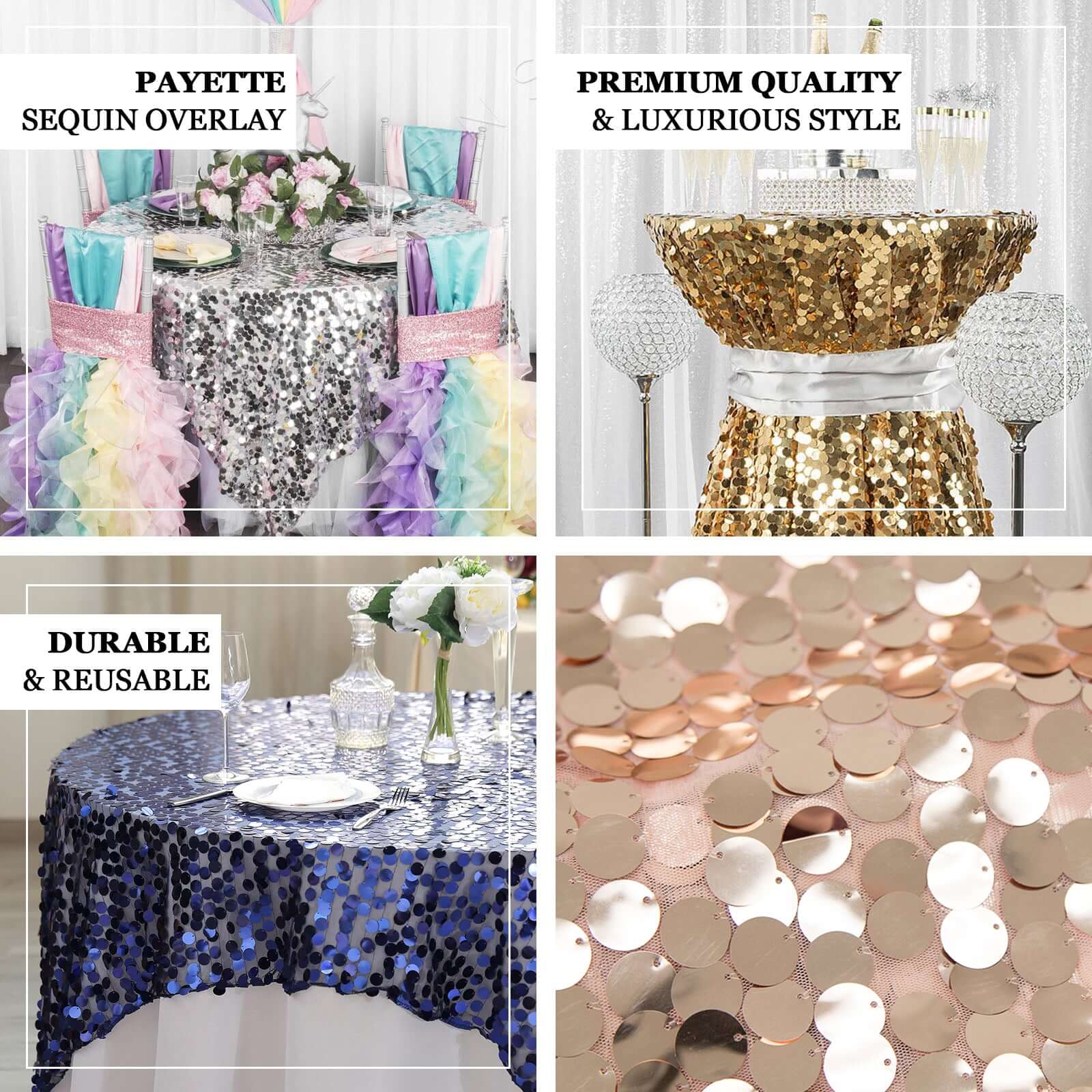 Sequin 72"x72" Table Overlay Square Tablecloth White - Big Payette Design for Classy Celebrations