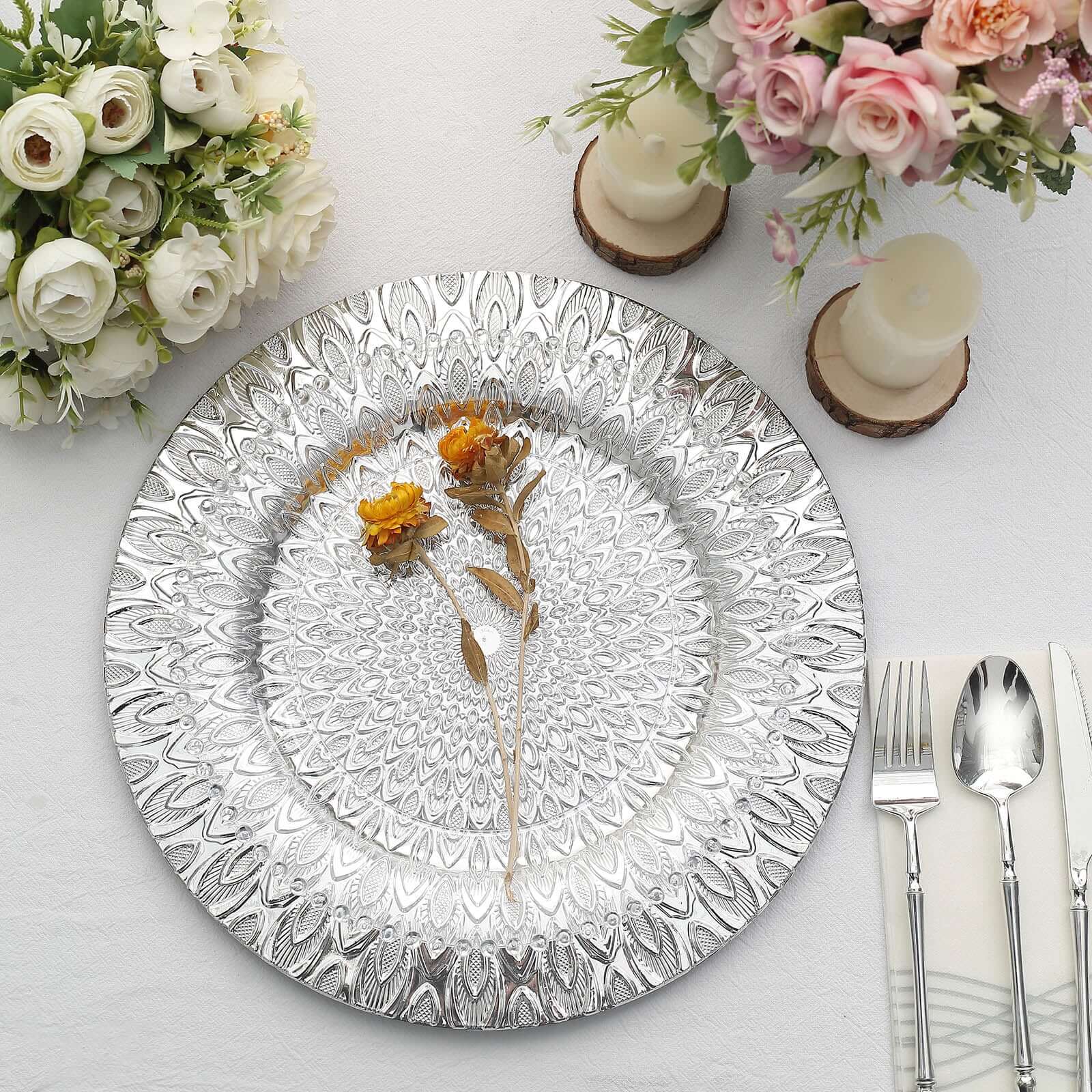 6-Pack Plastic Round Charger Plates 13" in Silver with Embossed Peacock Pattern, Stylish Disposable Charger Tableware