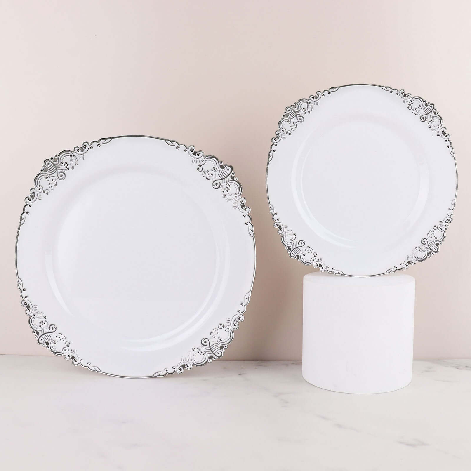 10-Pack Plastic 10" Round Dinner Plates in White with Silver Leaf Embossed Rim - Disposable Vintage Baroque Style Plates