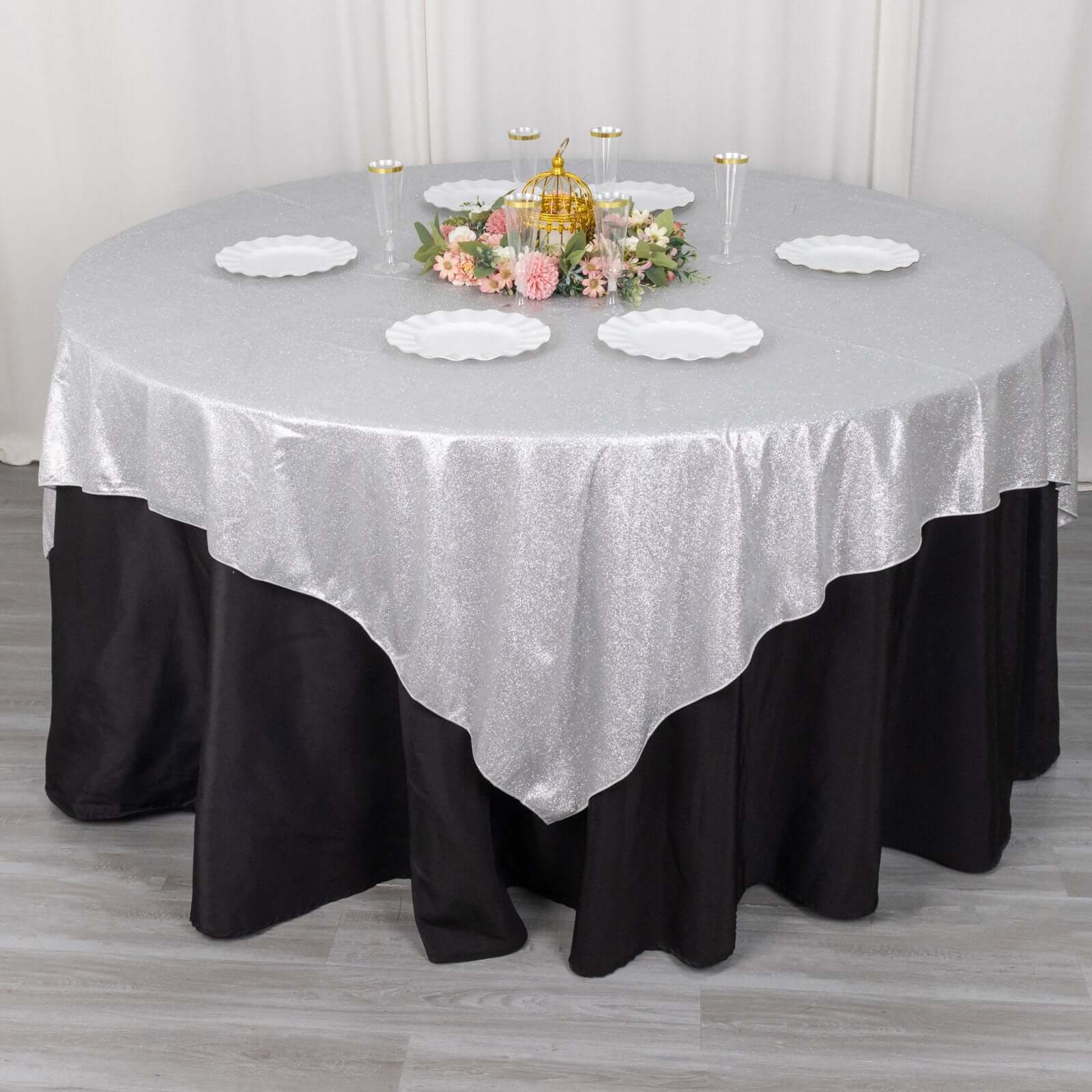 Polyester 72"x72" Table Overlay Square Tablecloth Silver - Glitter Sparkle Table Topper