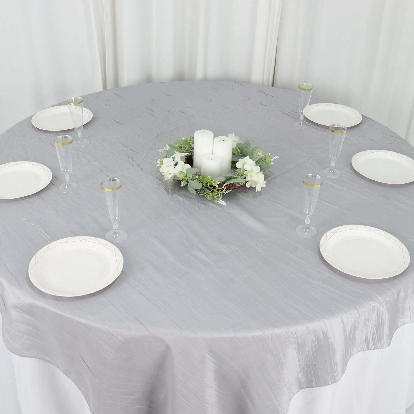 Taffeta 72"x72" Table Overlay Square Tablecloth Silver - Accordion Crinkle Table Cover