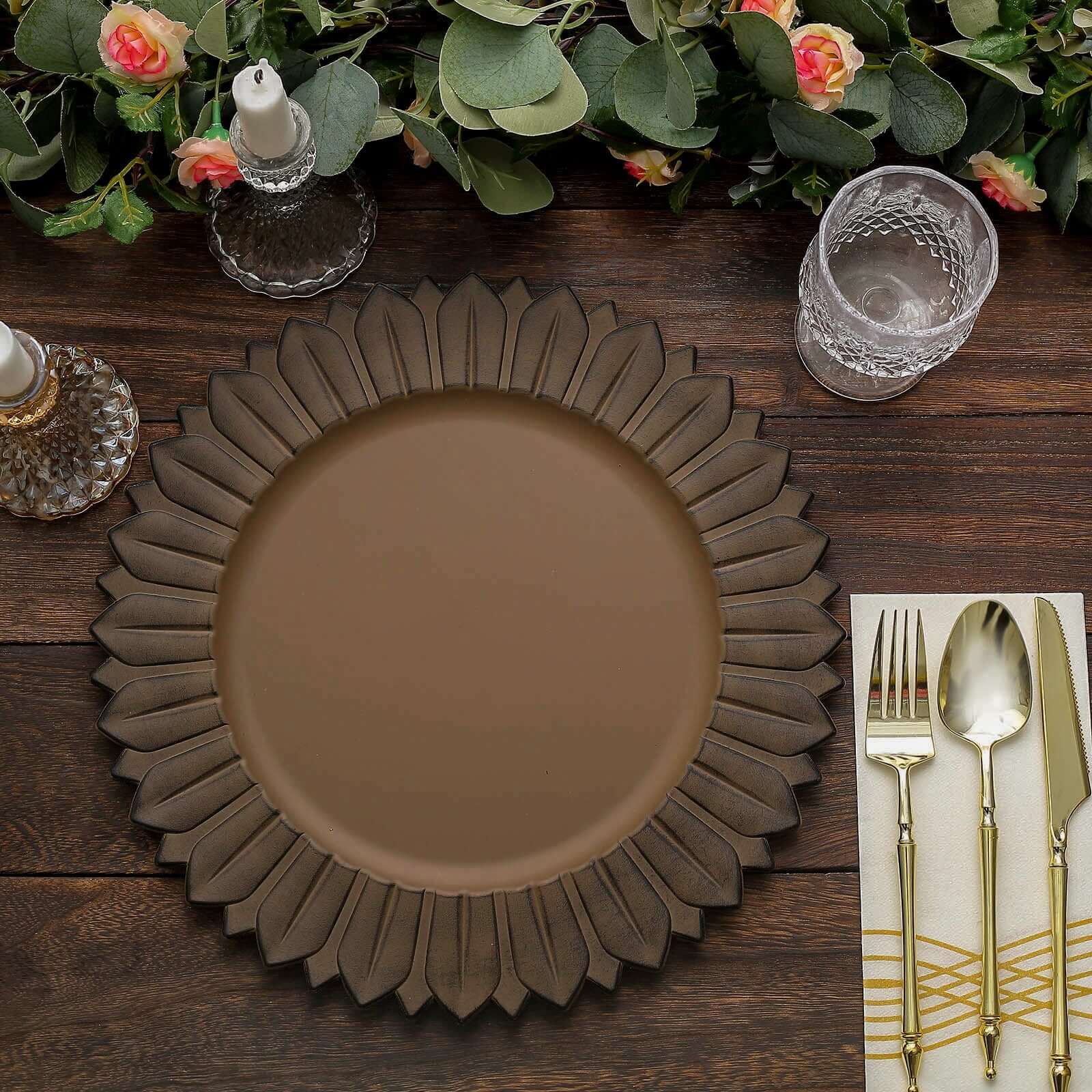 6-Pack Plastic Round Charger Plates 13" in Natural with Sunflower Rim, Matte Finish Disposable Dinner Charger Tableware