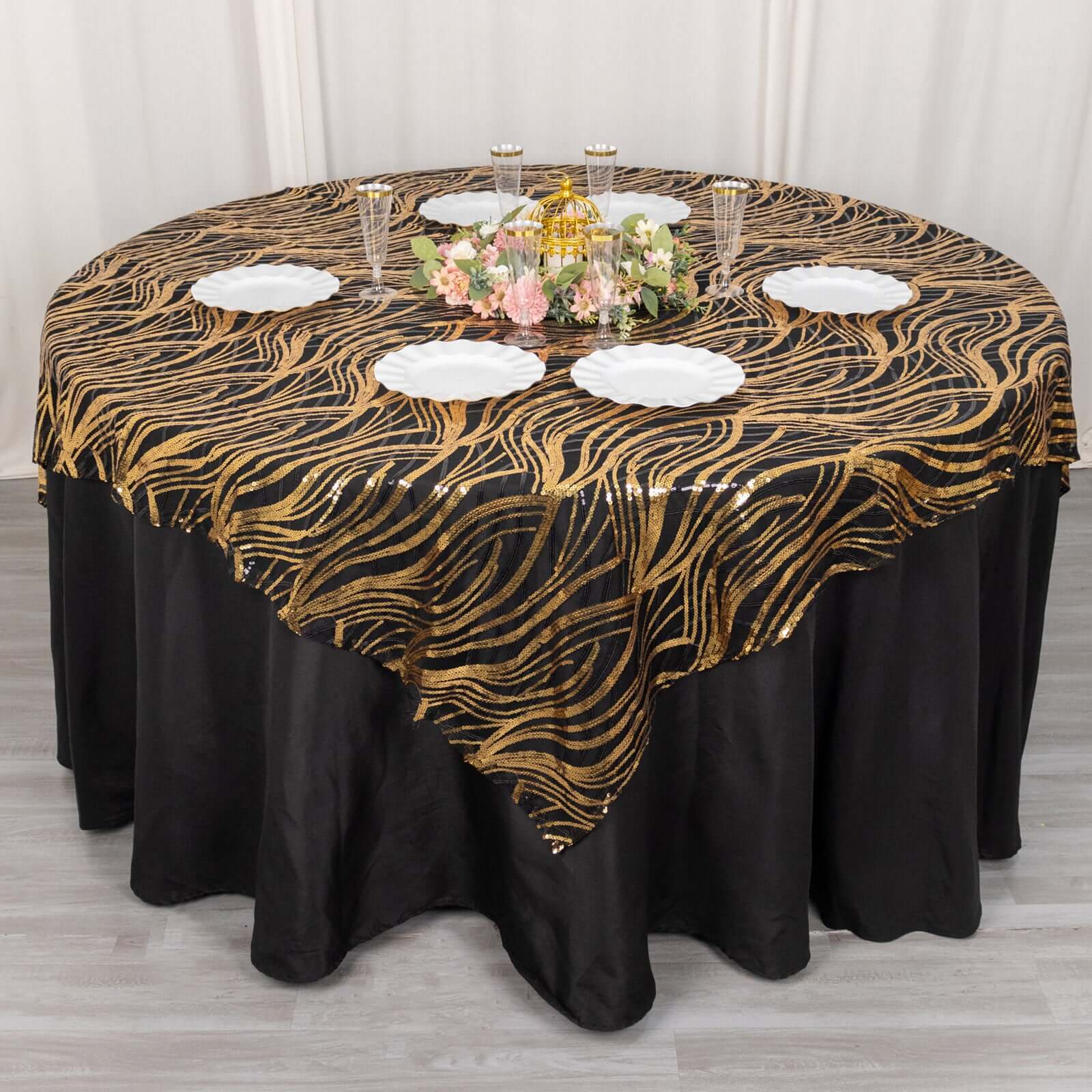 Mesh 72"x72" Table Overlay Square Tablecloth Black Gold - Wave Embroidered Sequins Table Topper