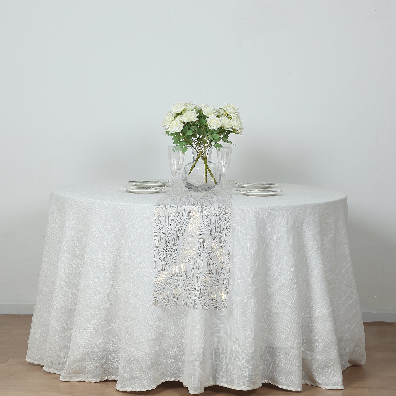 5 Pack Organza 12"x108" Table Runners White with Gold Foil Wave Design - Disposable Stylish Event Decoration