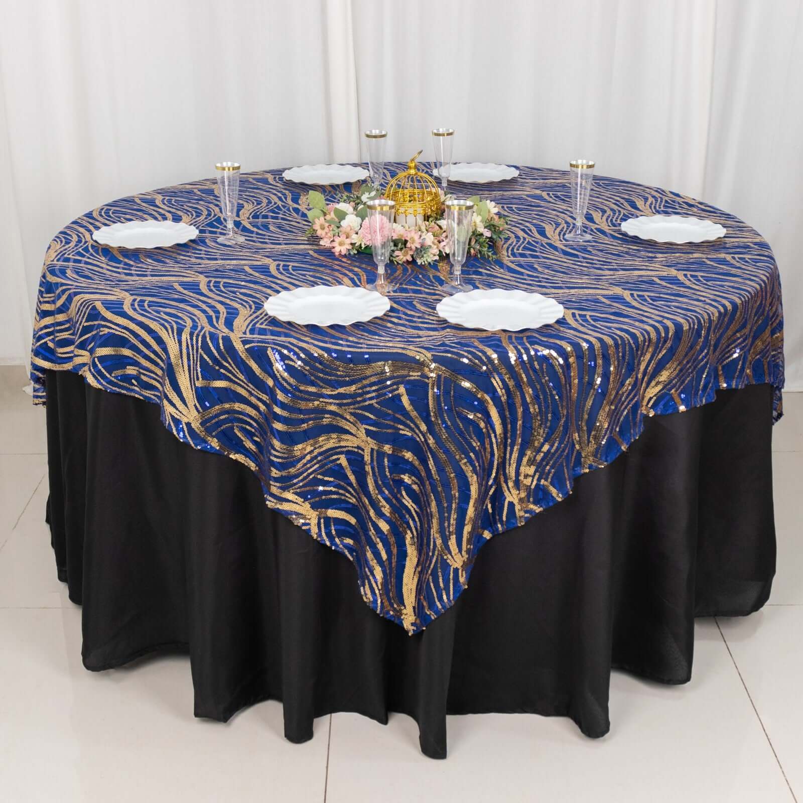 Mesh 72"x72" Table Overlay Square Tablecloth Royal Blue - Wave Embroidered Sequins Table Topper