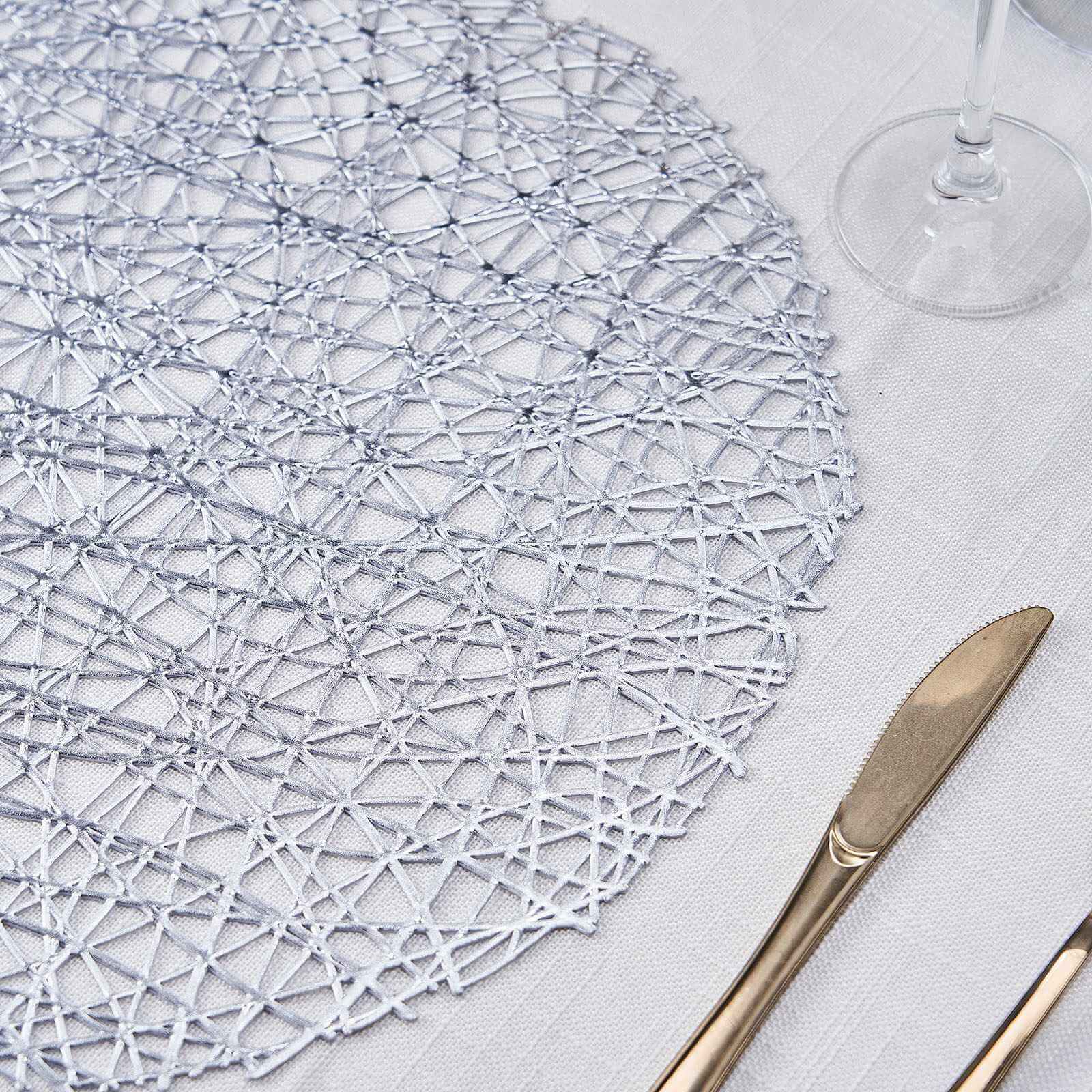 6-Pack Vinyl Placemats Silver Woven Design - Durable Non-Slip Round Table Mats for Dining 15"